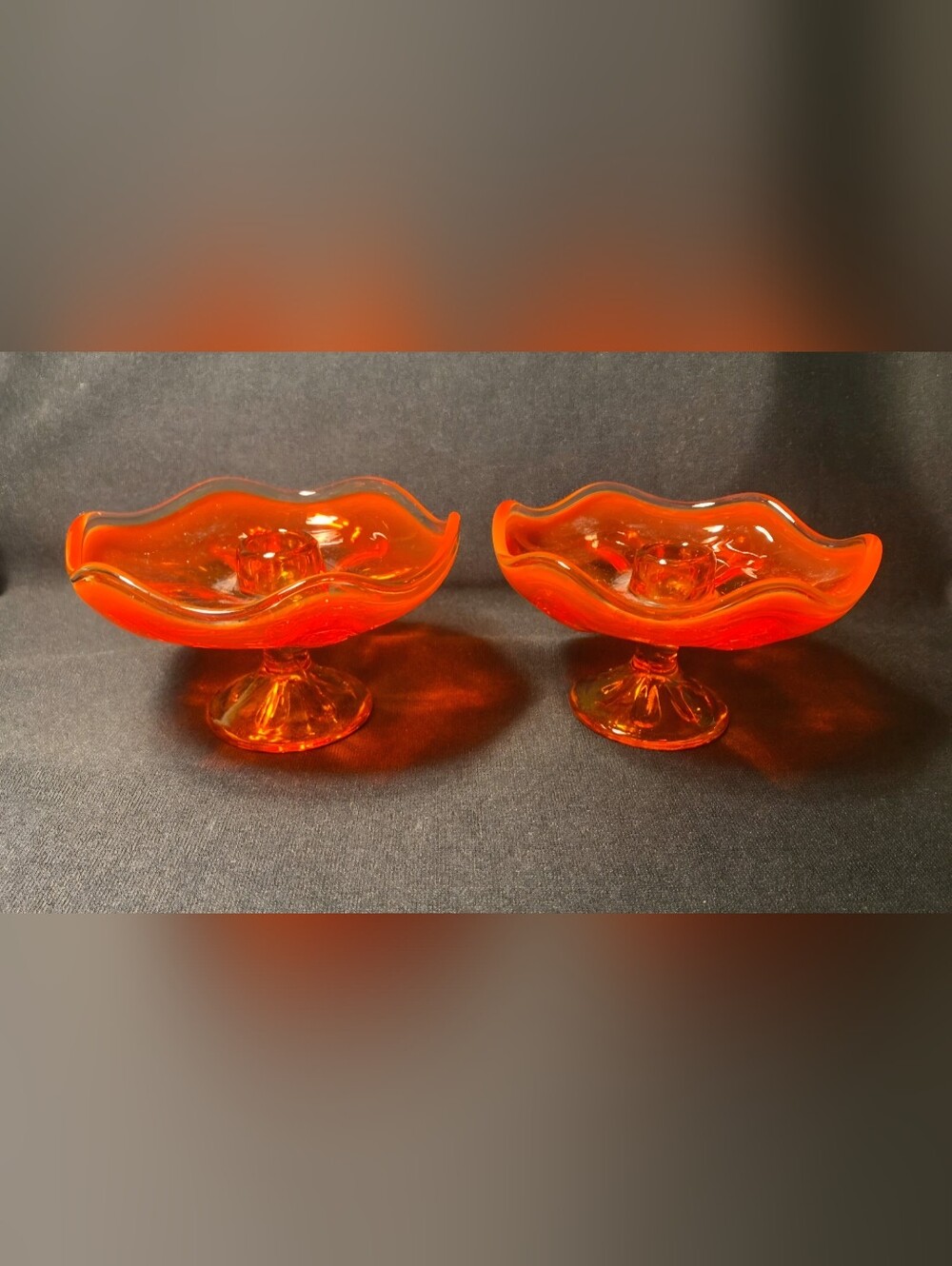 Vintage Viking Glass Amberina Handkerchief Pedestal Candle Holders Set Of 2